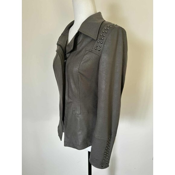 JOSEPH RIBKOFF Zip Up Moto Jacket Size Small Faux Leather Greenish Gray Studded - Picture 6 of 10